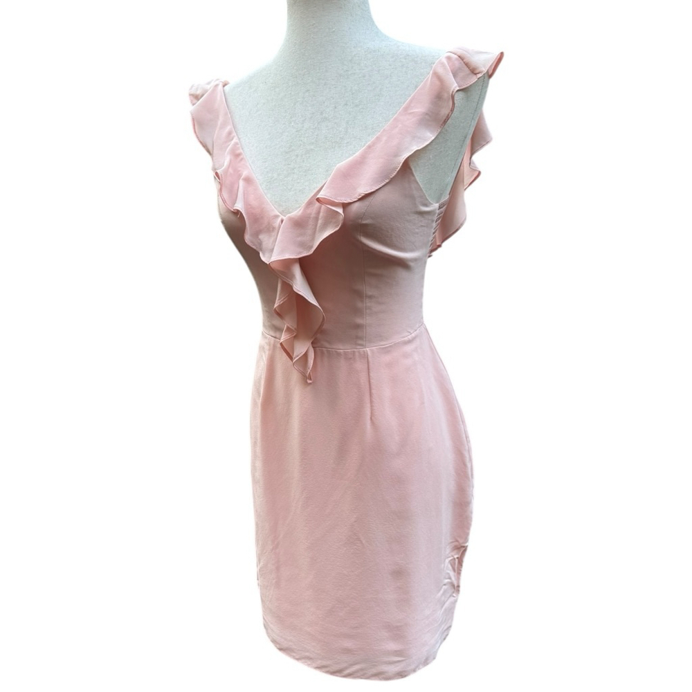 Amanda Uprichard Petal Pink Blush 100% Silk Mini Dress Small Ruffle V-Neck - Picture 5 of 12